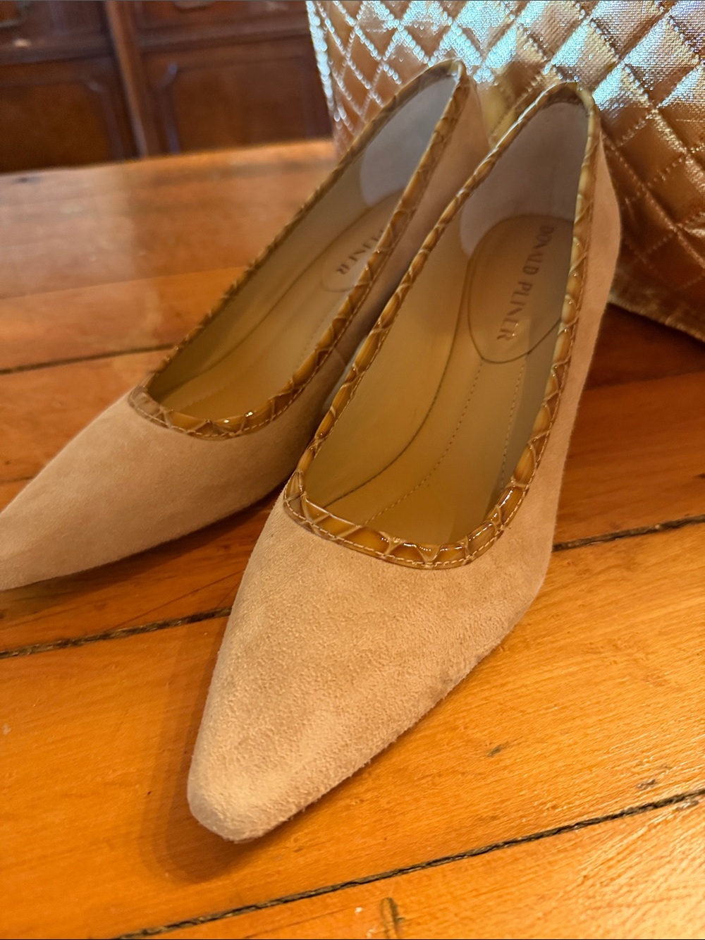 Donald J. Pliner Beige Suede Pointed-Toe Pumps with Croc-Trim